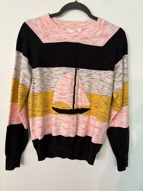 Anthropologie Striped Sailboat Sweater - Pink, Black & Mustard